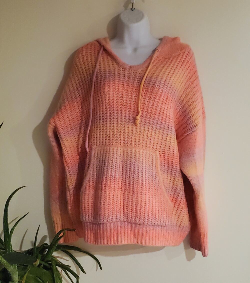 Easel Pink Striped Hooded Long Sleeve Sweater Womens Size Large Preppy Boho